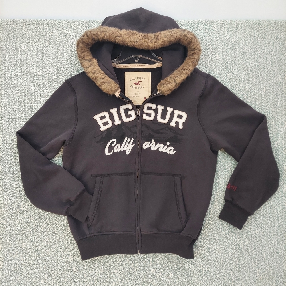 Vintage Hollister Thick Hoodie With Faux Fur Trim - Dk Gray, Mens M